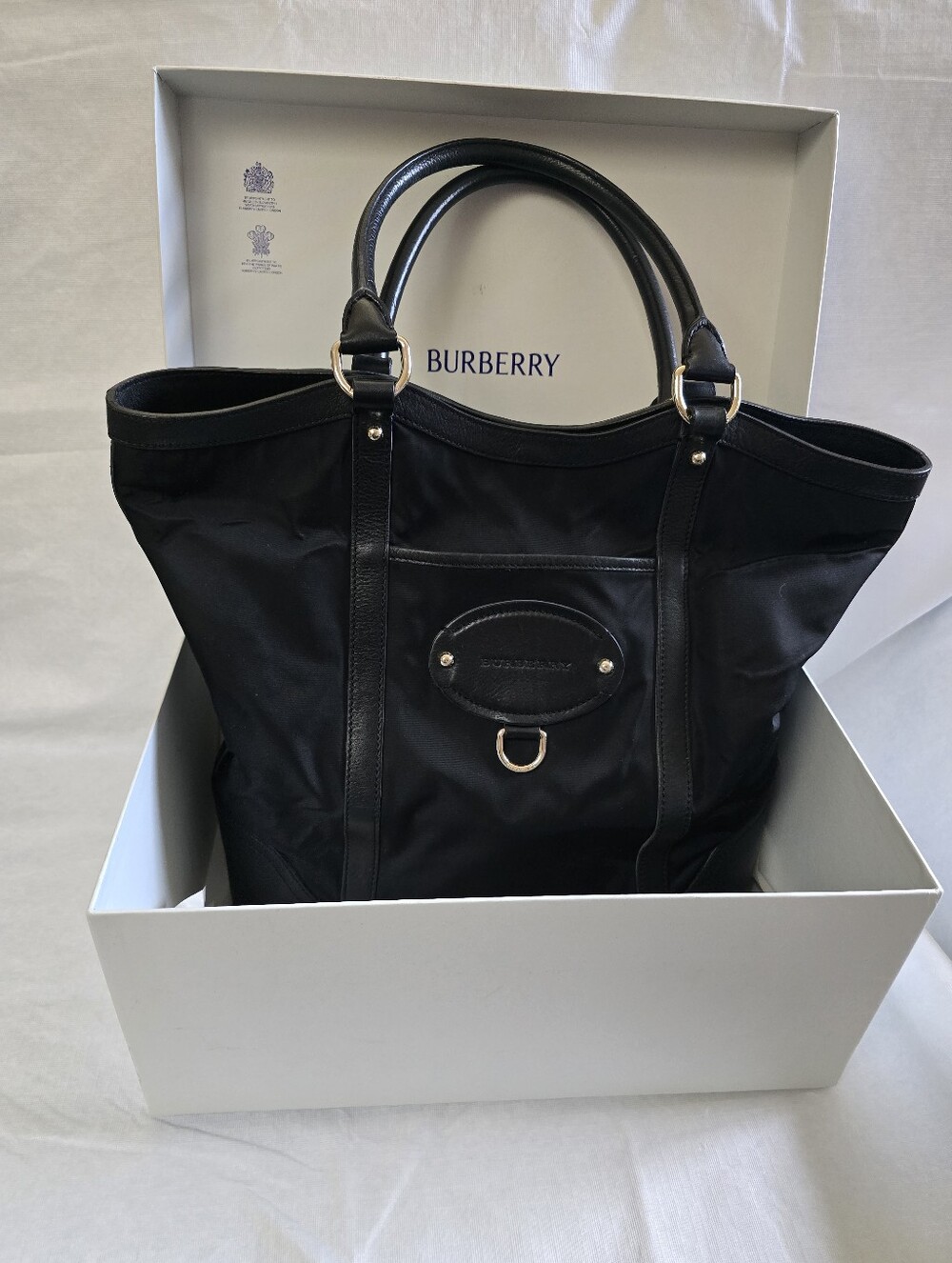 Burberry Black Smoked Check Nylon Leather Trim Tote Oval Logo AUTHENTICATED